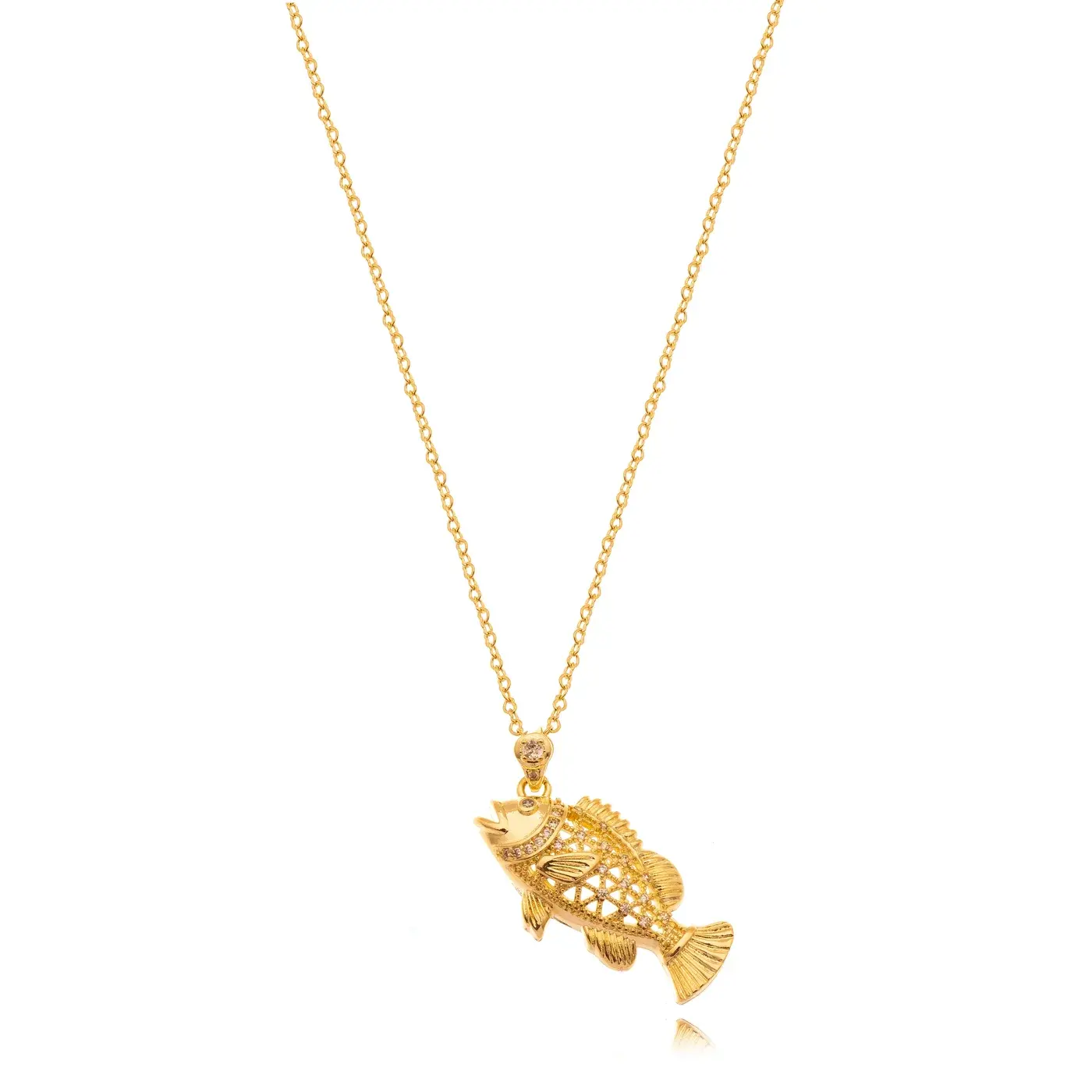 Colar folheado a ouro com pingente de peixe cravejado
