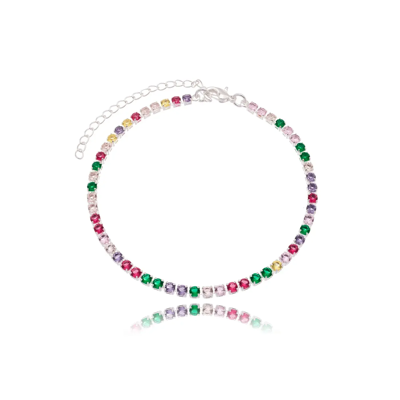 Pulseira prateada estilo tênis com pedras coloridas